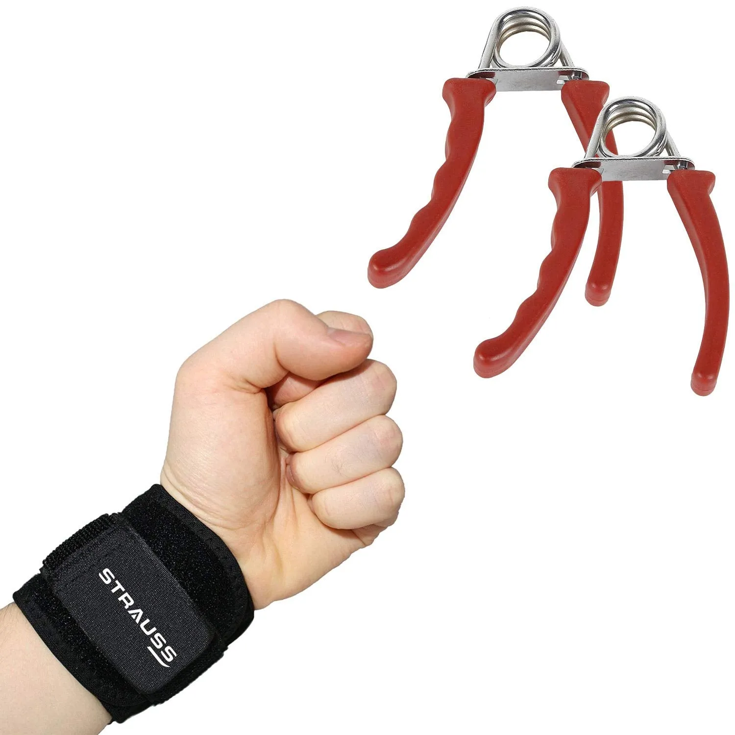 Strauss Wrist Support, Free Size (Black), Plasto Hand Grip, Pack of 2 (Red)