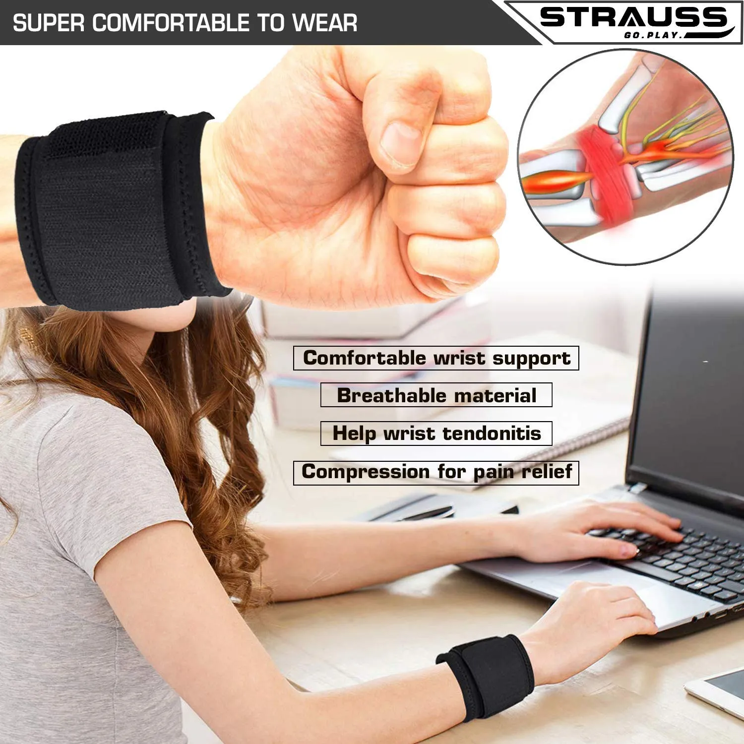 Strauss Wrist Support, Free Size (Black), Plasto Hand Grip, Pack of 2 (Red)