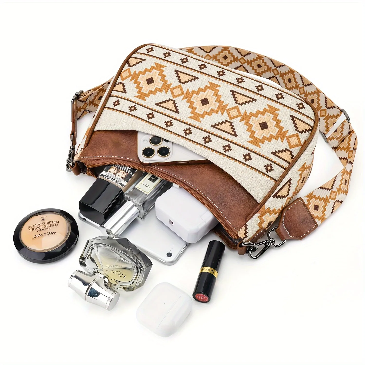 Stylish Geometric Patterned Canvas Crossbody Bags for Women - Adjustable Removable Strap, Zipper Closure, Polyester Lining, and Positioning Printing - Perfect for Holiday Season