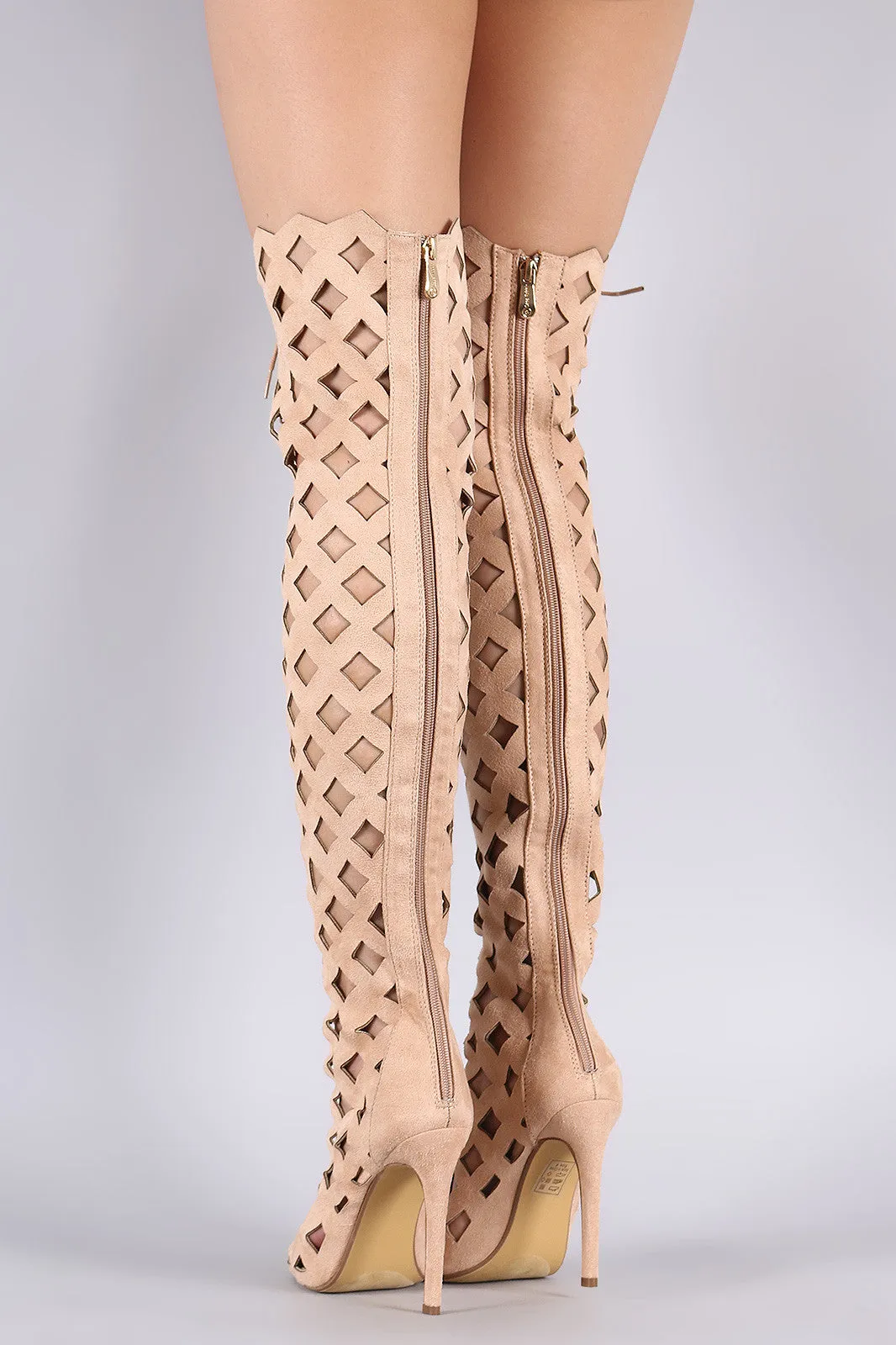 Suede Geo Cutout Over-The-Knee Stiletto Boots