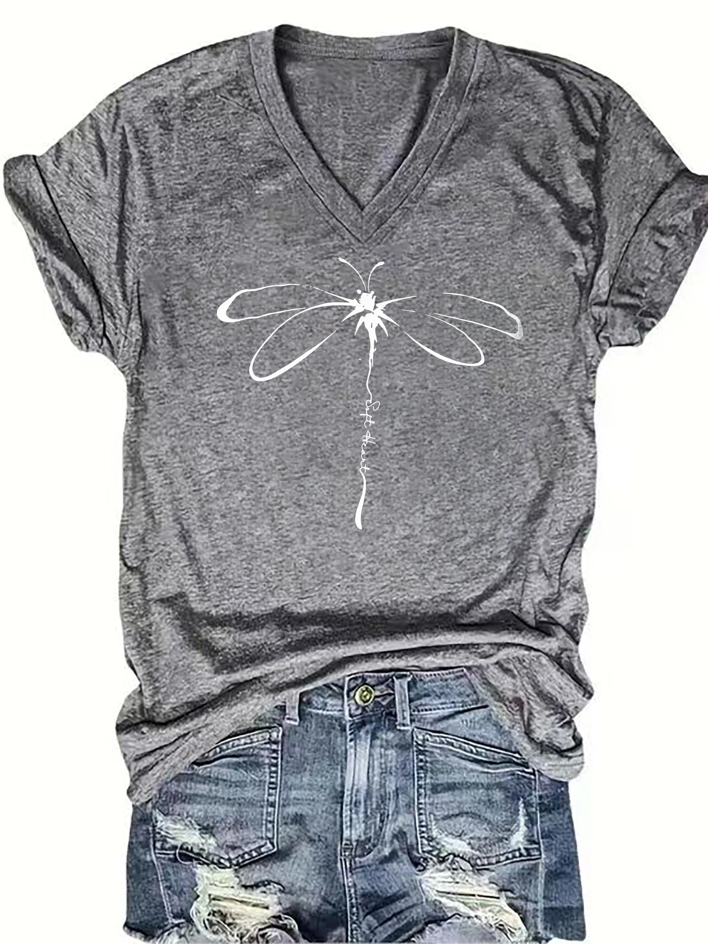 Vibrant Dragonfly Geometric Print V-Neck T-Shirt - Soft Mid-Elasticity Polyester Knit Fabric, Casual Short Sleeve, Regular Length, Positioning Printing, Perfect for Spring & Summer, Womens Casual Wear