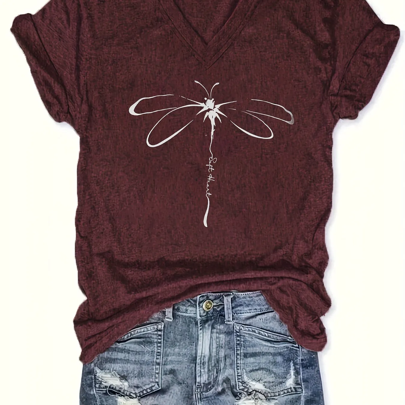 Vibrant Dragonfly Geometric Print V-Neck T-Shirt - Soft Mid-Elasticity Polyester Knit Fabric, Casual Short Sleeve, Regular Length, Positioning Printing, Perfect for Spring & Summer, Womens Casual Wear