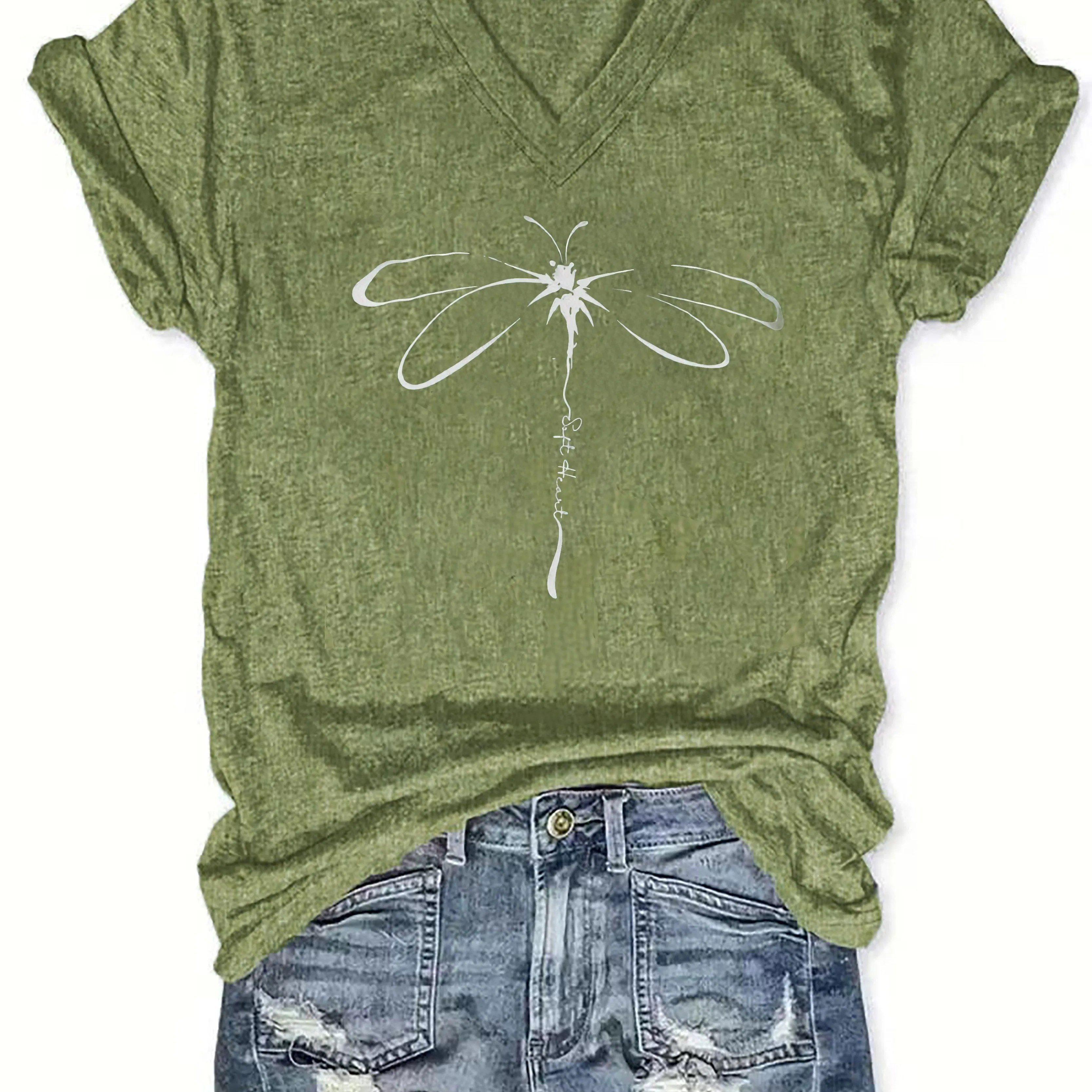 Vibrant Dragonfly Geometric Print V-Neck T-Shirt - Soft Mid-Elasticity Polyester Knit Fabric, Casual Short Sleeve, Regular Length, Positioning Printing, Perfect for Spring & Summer, Womens Casual Wear