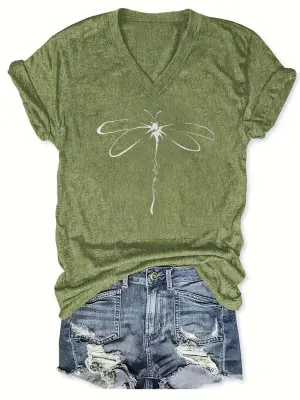 Vibrant Dragonfly Geometric Print V-Neck T-Shirt - Soft Mid-Elasticity Polyester Knit Fabric, Casual Short Sleeve, Regular Length, Positioning Printing, Perfect for Spring & Summer, Womens Casual Wear