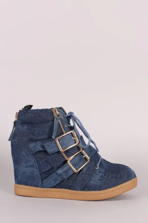 Washed Denim Multi Buckle Strap Lace Up High Top Wedge Sneaker