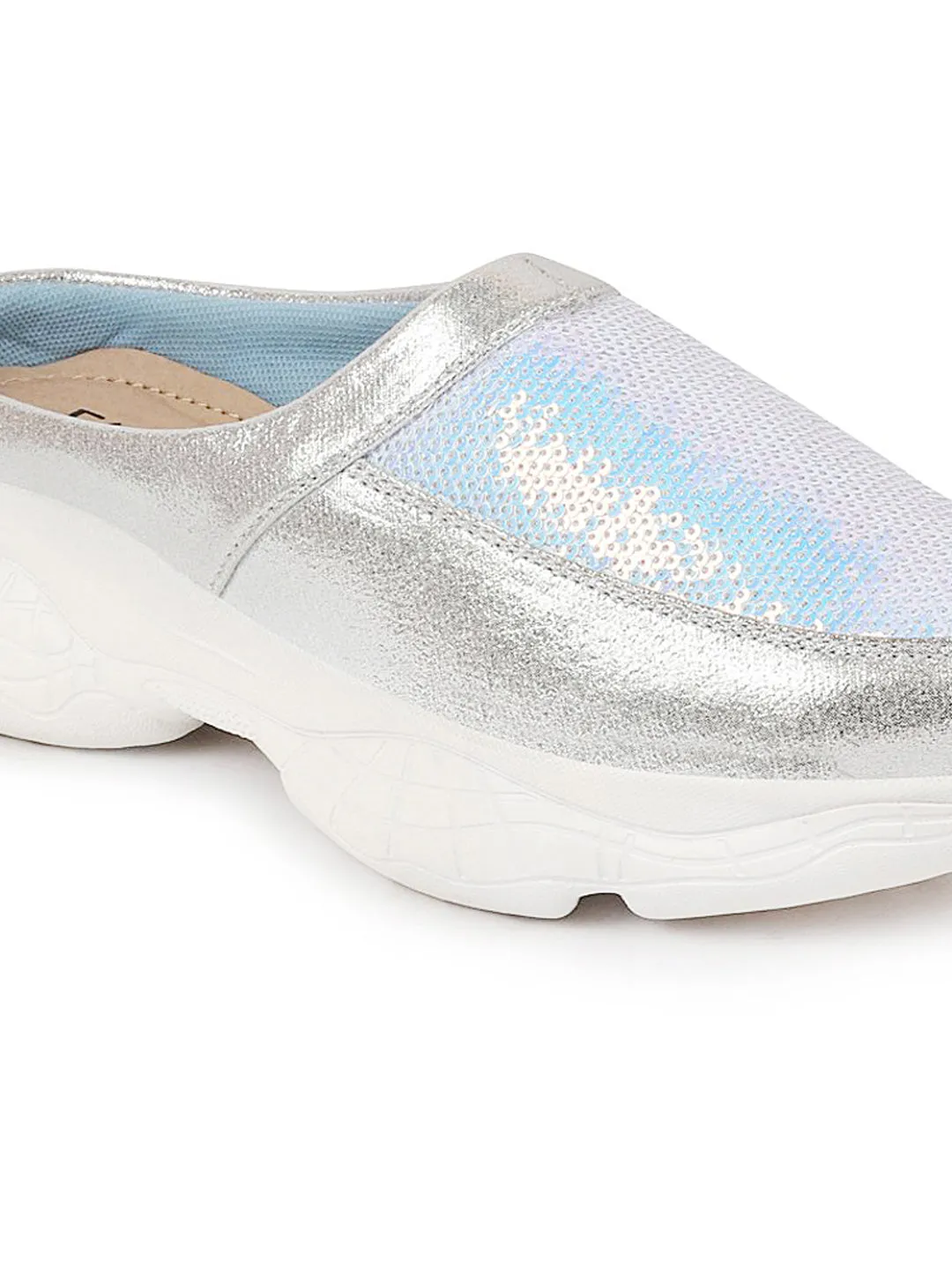 Women Silver Back Open Embellished Slip On Mules