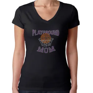 Womens T-Shirt Rhinestone Bling Black Fitted Tee Playground Mom Basketball